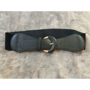 Vintage Weekends Black Wide Elastic Stretch Waist Belt Gold Buckle XS S